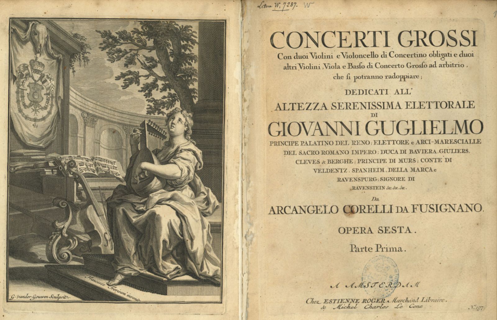 Concerti grossi, opus 6 van Arcangelo Corelli (1653-1713), uitgegeven door Roger en Le Cene in Amsterdam, ca. 1719. Enkel in de partij van de eerste viool is de frontispice afgedrukt. B-Bc 7287.